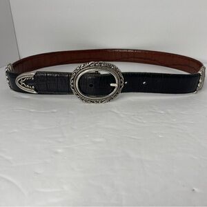 VTG Brighton 90s Brn/Blk Reversible Croc Embossed Leather Belt Silver Buckle L